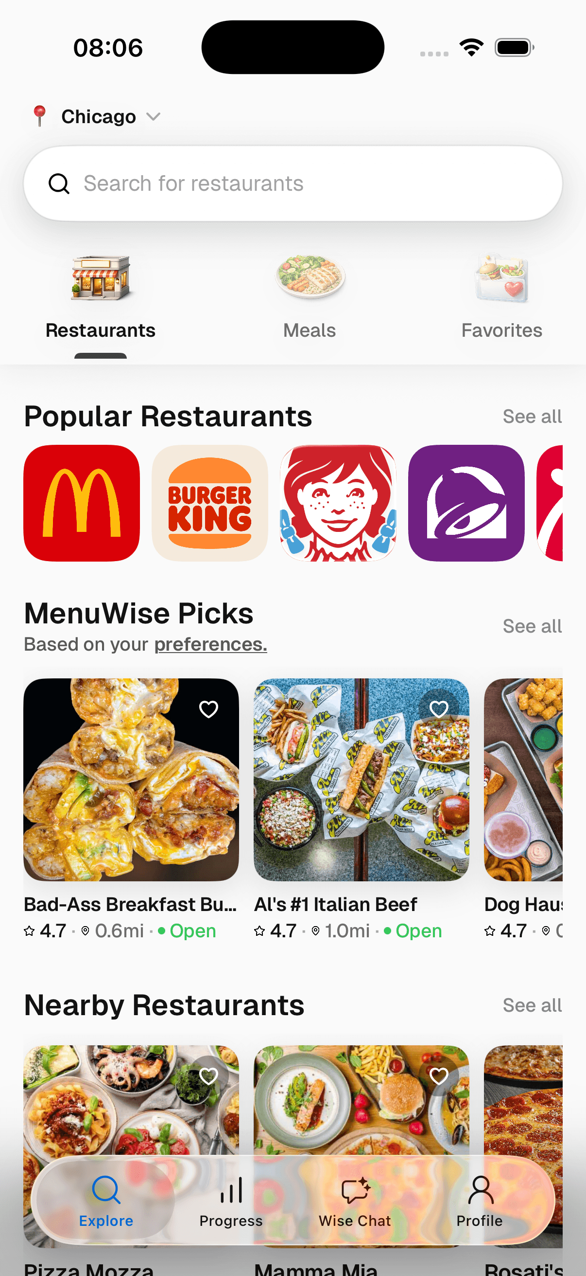 MenuWise iPhone app showing dietary profile setup with FDA Big 9 allergens and gluten-free, keto, vegan diet options