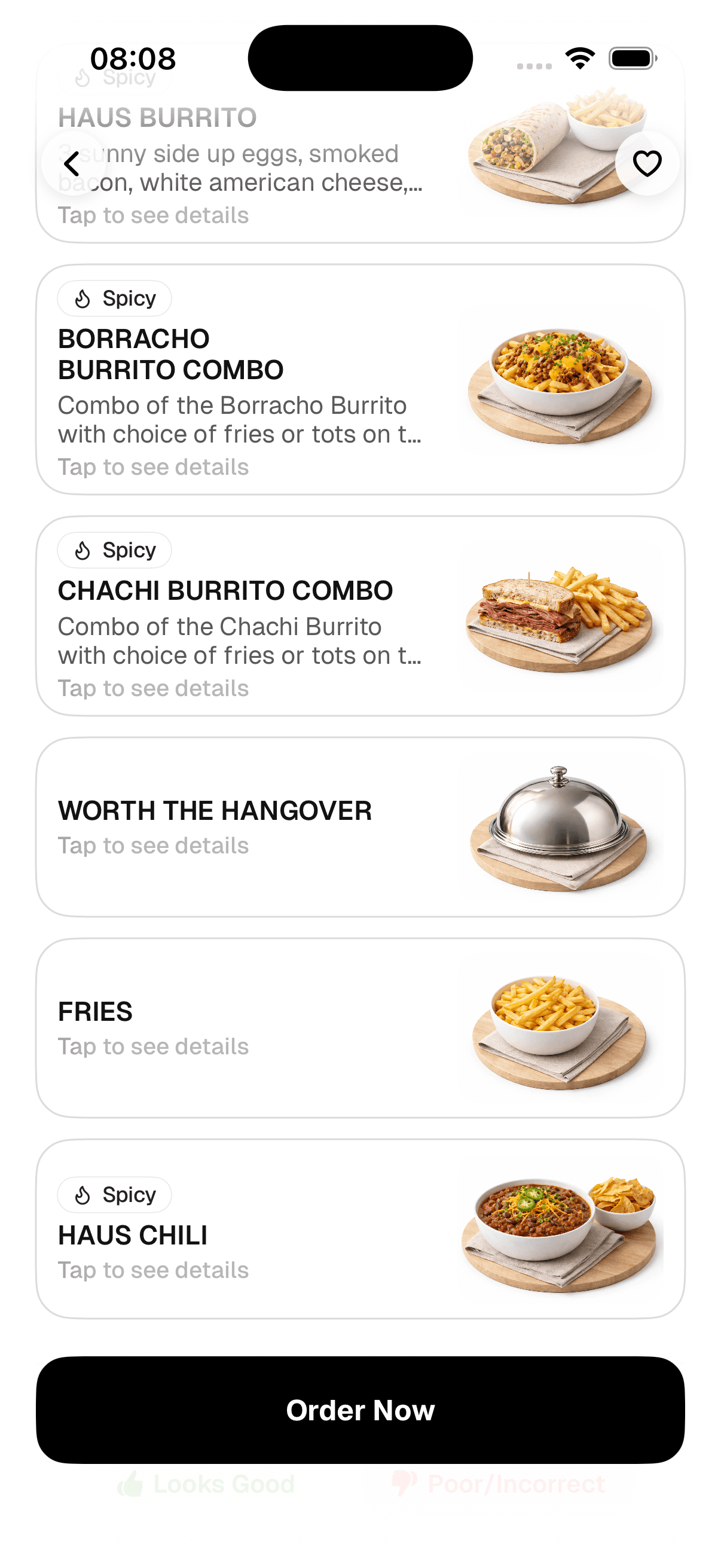 MenuWise iPhone app showing restaurant menu with gluten-free, allergen, and macro scoring on every dish