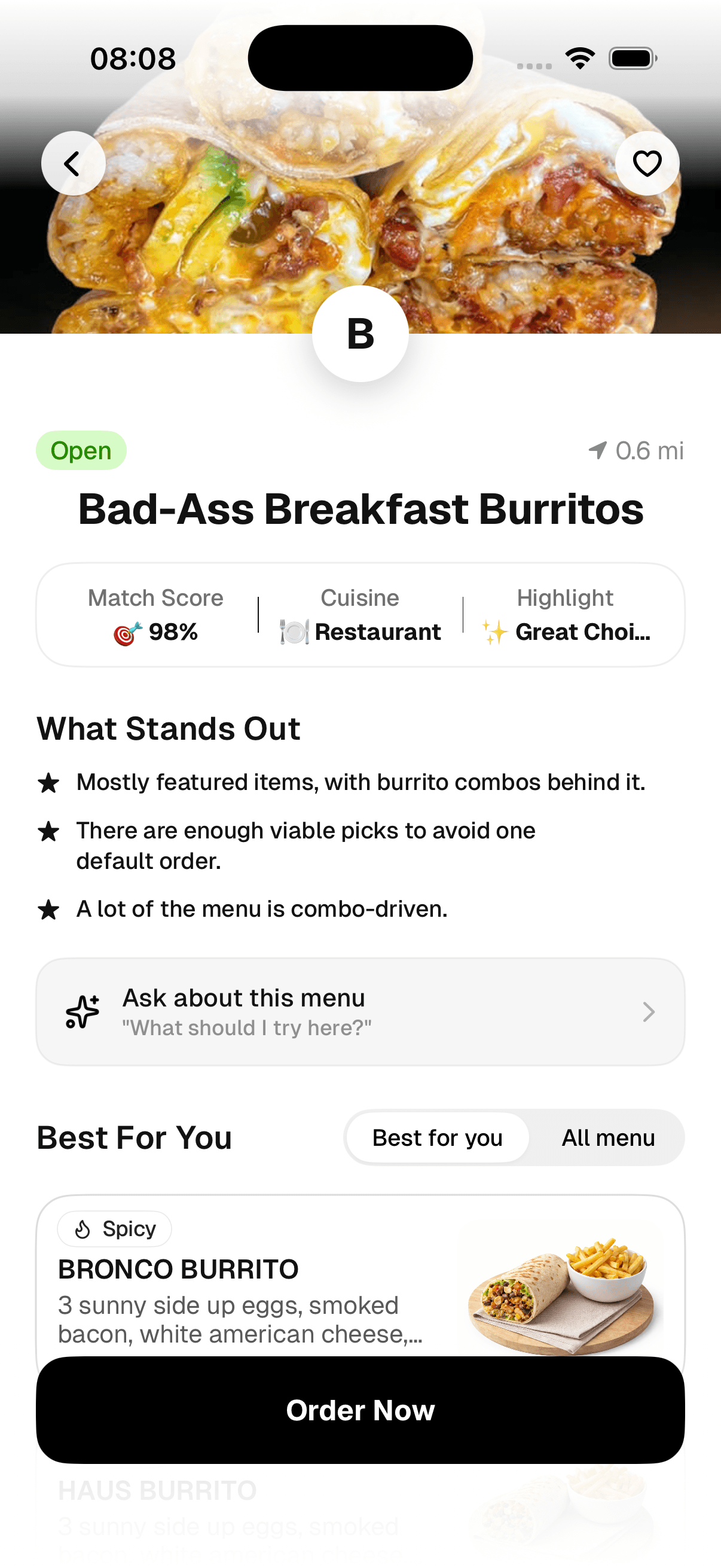 MenuWise iPhone app showing nearby restaurant discovery with personalized dietary match scores